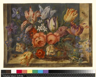 PD.796-1973 Blomster i en kurv med frøer og insekter, 1634 (wc og gouache på vellum)
